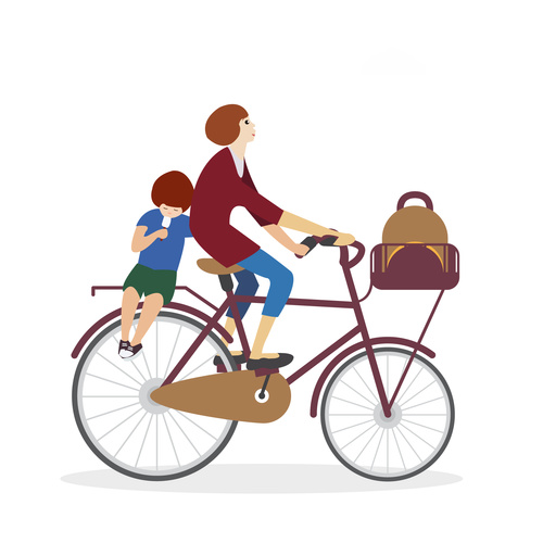 Mother riding bicycle with little boy going to school vector