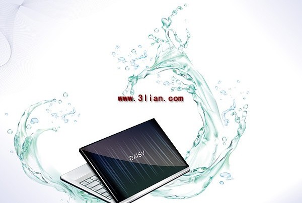 Notebook computer and dynamic water vectors graphics