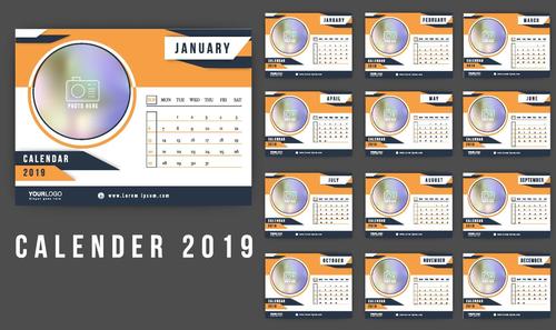 Orange with blue 2019 calendar template vector