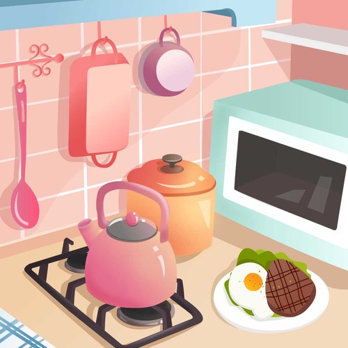 Pink kitchen kitchenware illustration breakfast steak vector