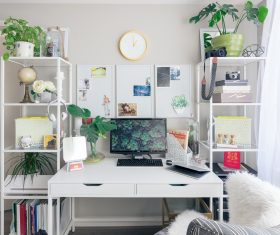 Plants and computers on desk shelves Stock Photo