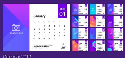 Purple 2019 calendar template vectors