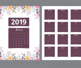 Purple Calendar 2019 with flower vector