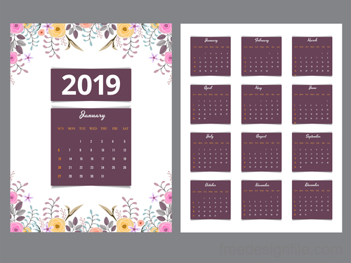 Purple Calendar 2019 with flower vector