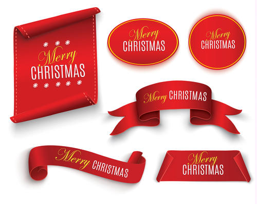 Red christmas sticker with banners and ribbon vector