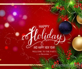 Red new year background with christmas baubles vector 01