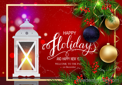 Red new year background with christmas baubles vector 02