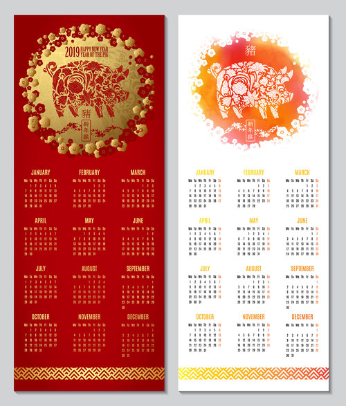 Red with white 2019 calendar template chinese vector