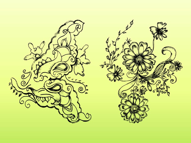 Retro Flower Drawings art vector graphics