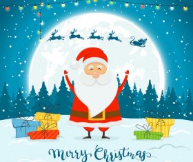 Santa Claus on Winter Background with Gifts and Deer Vector