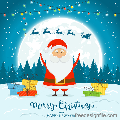 Santa Claus on Winter Background with Gifts and Deer Vector
