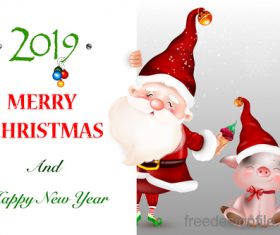 Santa with pig and christmas card vector