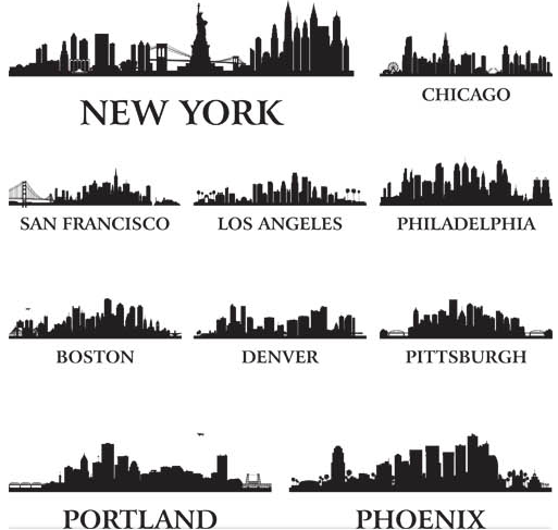 Silhouettes Skyline Cityscapes 4 set vector