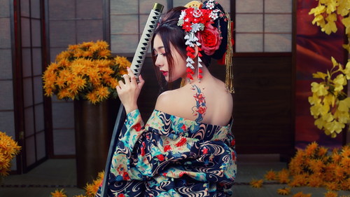 Stunning Japanese kimono geisha Stock Photo