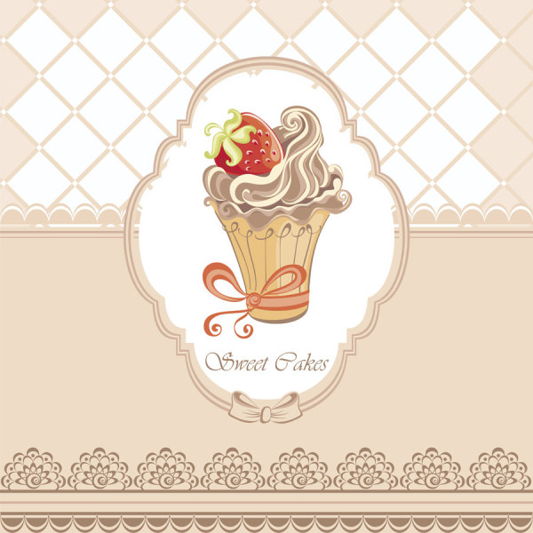 Sweet cakes with Floral background set vector