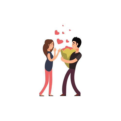 Valentine couple giving flowers vector