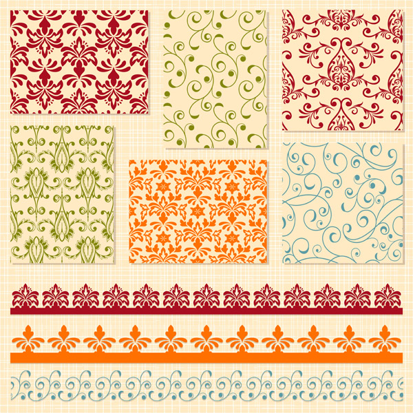 Vintage floral pattern and border set vector