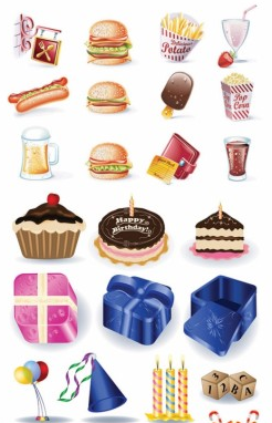birthday goods and fast food vector graphic