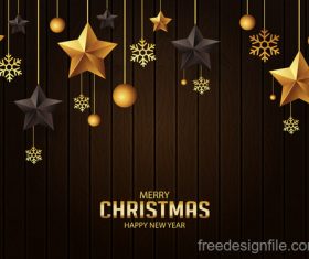 christmas greeting with gold stars and wood wall vector