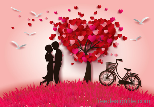 heart tree with lover and bike vector