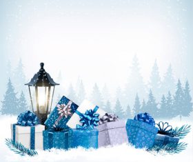 holiday christmas background with christmas presents and forest vector