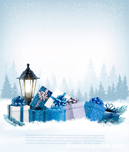 holiday christmas background with christmas presents and forest vector