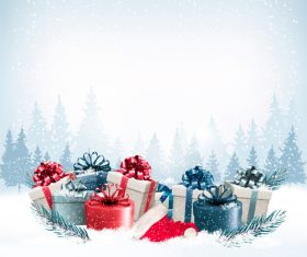 holiday christmas background with colorful presents and christmas tree vector