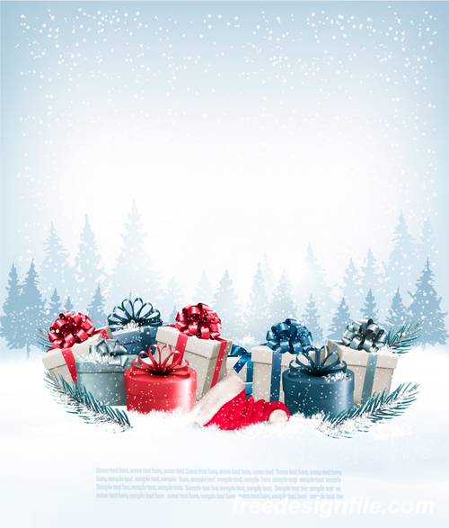 holiday christmas background with colorful presents and christmas tree vector