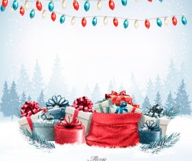 holiday christmas background with colorful presents and red sack vector
