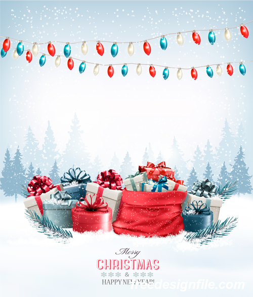 holiday christmas background with colorful presents and red sack vector