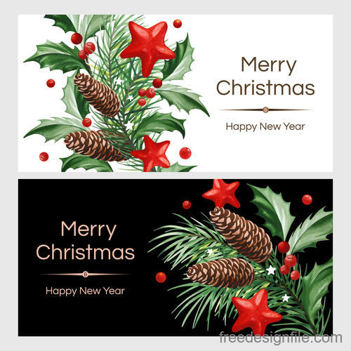 holly with christmas and new year card template vector 01