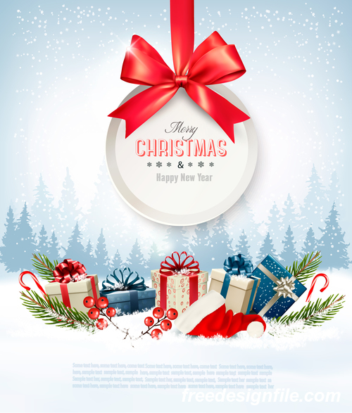 merry christmas background with colorful presents and magic red box vector
