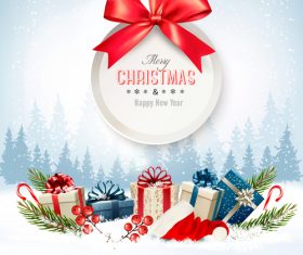 merry christmas background with colorful presents and gift card with bow vector