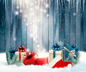 merry christmas background with colorful presents and magic box vector