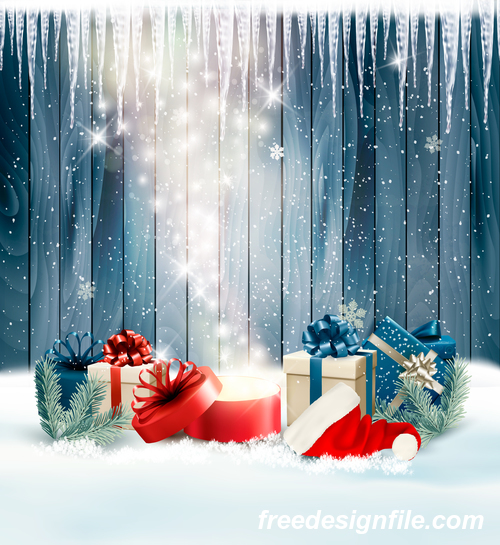merry christmas background with colorful presents and magic box vector