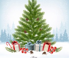 merry christmas background with presents and christmas green tree vector
