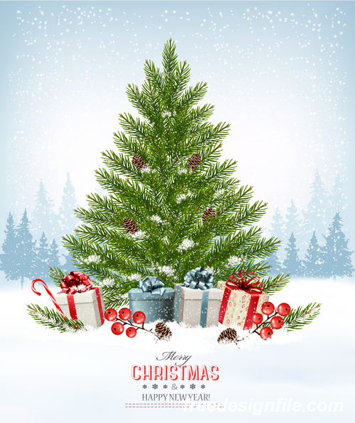 merry christmas background with presents and christmas green tree vector