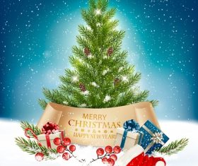 merry christmas getting card with christmas presents and tree vector