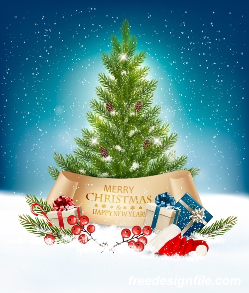 merry christmas getting card with christmas presents and tree vector