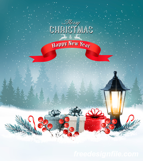 merry christmas greeting card with winter landscape and lantern vector
