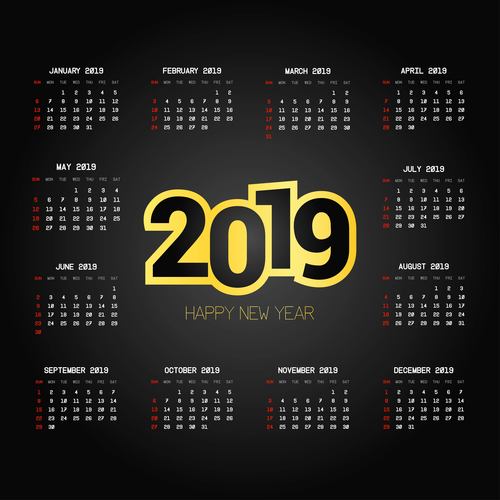 2019 calendar black template vector material