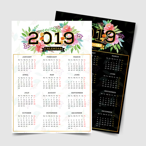 2019 calendar template with flower vector