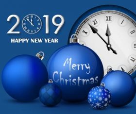 2019 new year clock with blue christmas balls vector