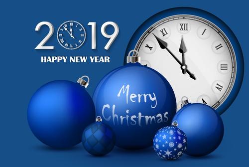 2019 new year clock with blue christmas balls vector