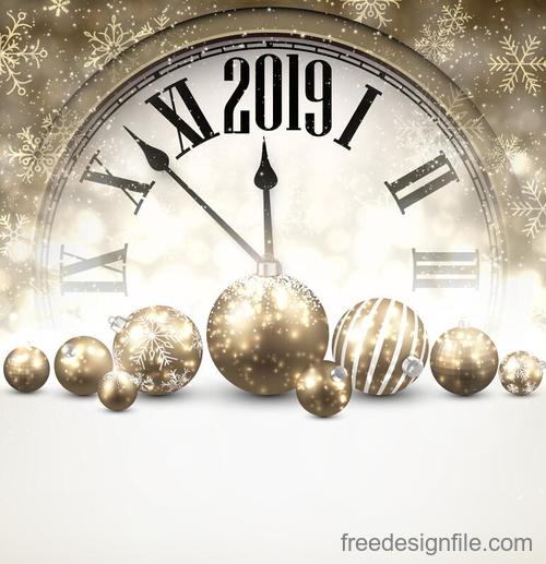 2019 new year clock with christmas balls vector