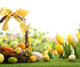 Basket of easter eggs on meadow Stock Photo 02