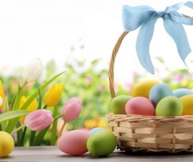 Basket of easter eggs on meadow Stock Photo 03