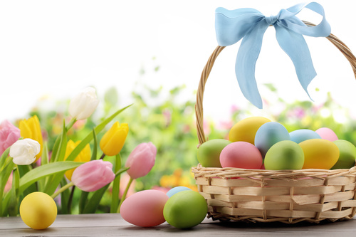 Basket of easter eggs on meadow Stock Photo 03