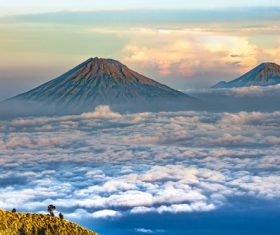 Beautiful landscape of volcano and sea of clouds Stock Photo