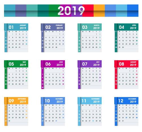 Calendar 2019 colored template vectors 01